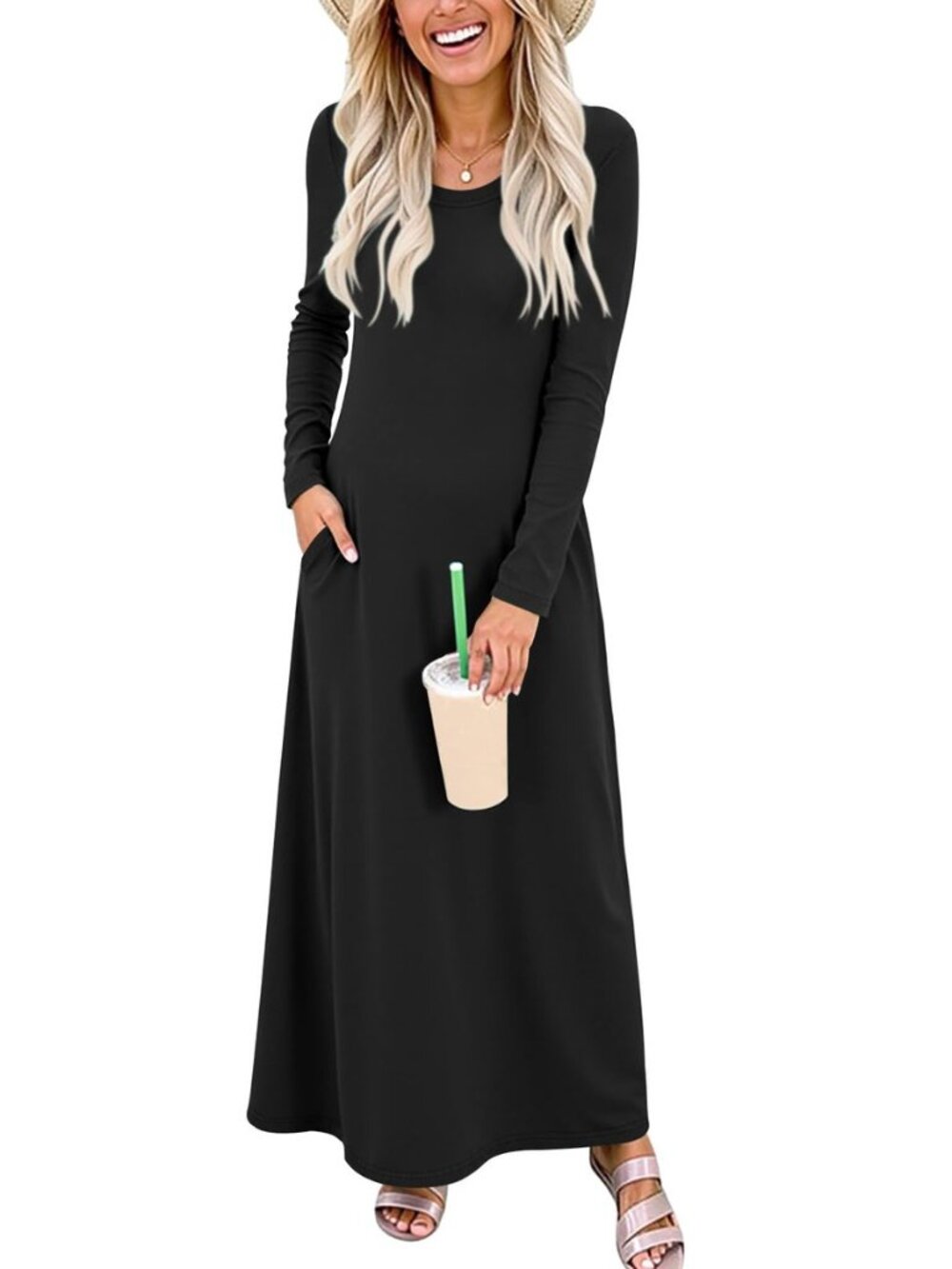 Womens Maxi Dress Long Sleeve Casual Crewneck Loose Dresses